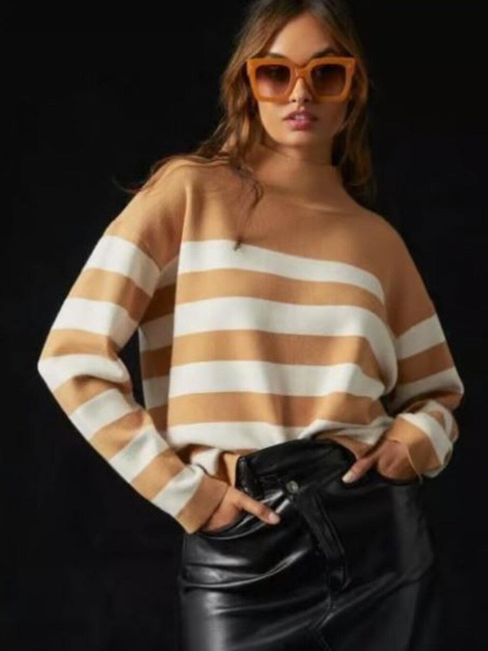 Anthropologie | Maeve Carys Camel White Striped Mock Neck Knit Pullover | Medium